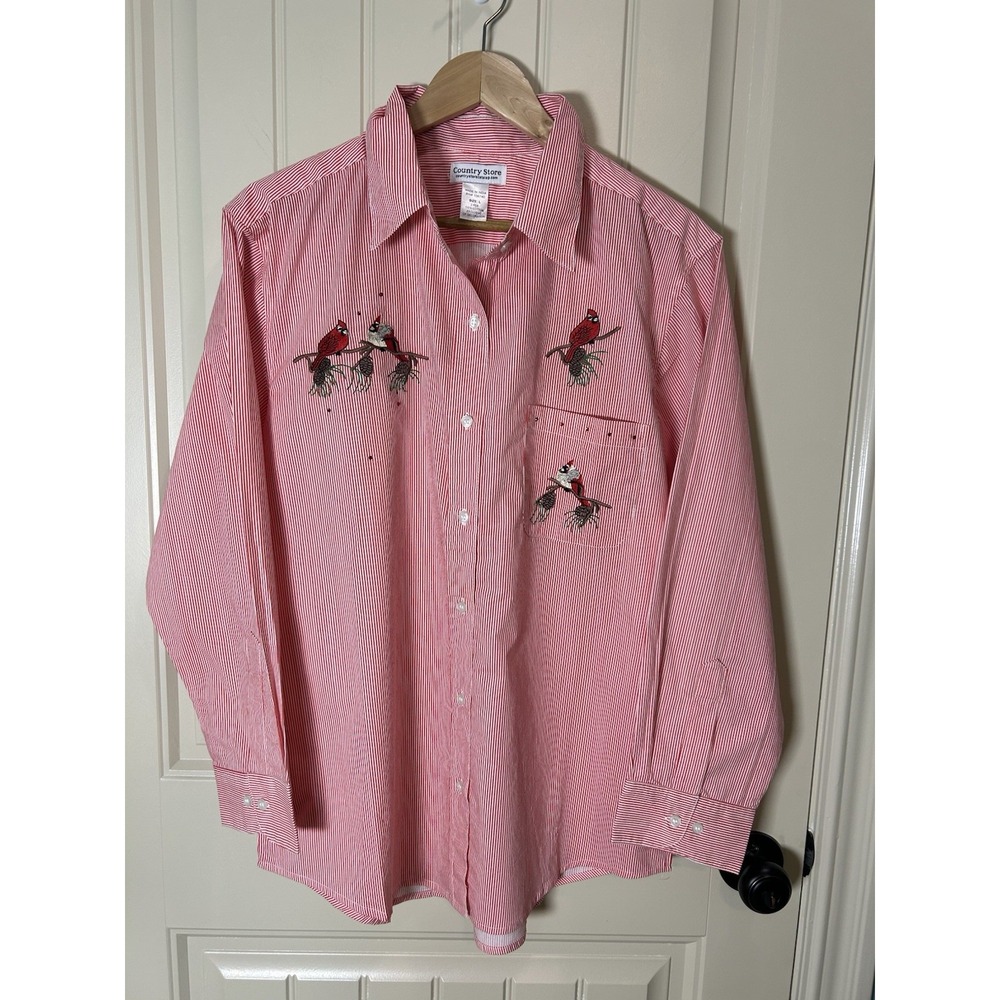 Vtg Country Store Women Button Down Shirt L Striped Red Embroidered Cardinals